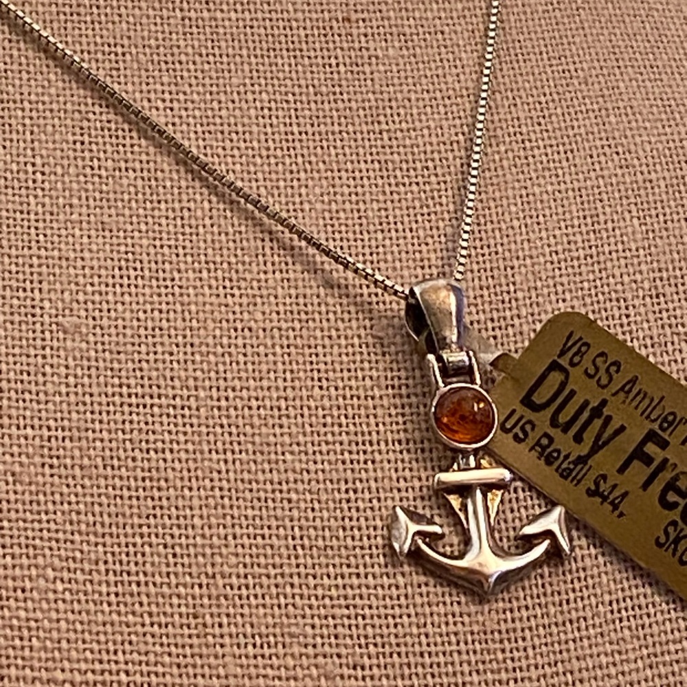 NWT 925 Sterling Silver Anchor Pendant with Baltic Amber Accent
